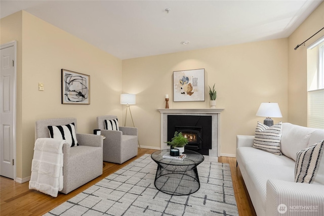 living room featuring a tiled fireplace, baseboards, and wood finished floors