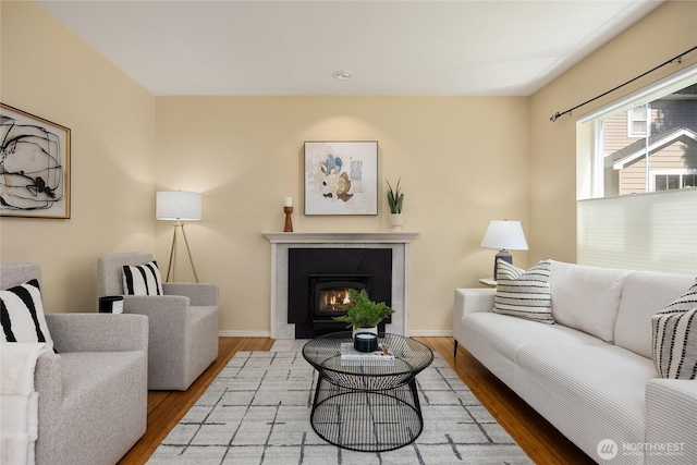 living room featuring baseboards, wood finished floors, and a tile fireplace