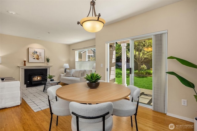 dining space with plenty of natural light, light wood finished floors, a glass covered fireplace, and baseboards