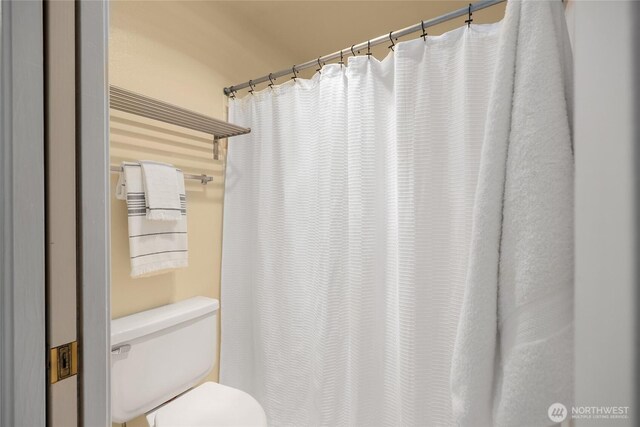 full bath featuring toilet and a shower with curtain