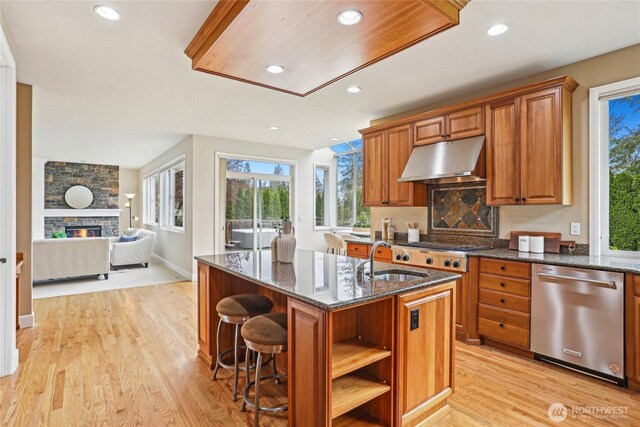 2070 277th Ave SE, Sammamish, WA 98075 - kitchen with appliances with stainless steel finishes, a sink, under cabinet range hood, dark stone countertops, and a center island with sink