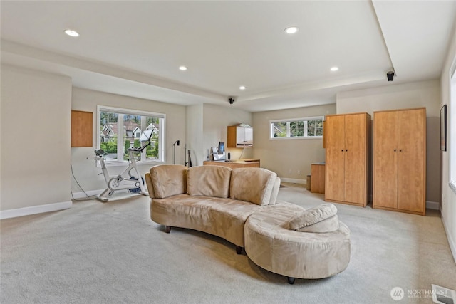 2070 277th Ave SE, Sammamish, WA 98075 - living room with baseboards, healthy amount of natural light, light colored carpet, recessed lighting, and a tray ceiling