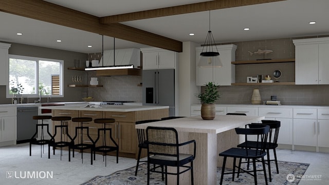 417 N Columbia St, Chelan, WA 98816 - kitchen with dishwashing machine, open shelves, a kitchen island, high end refrigerator, and tasteful backsplash