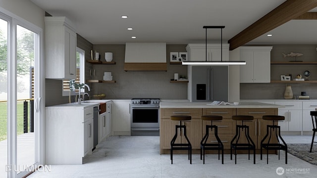 417 N Columbia St, Chelan, WA 98816 - kitchen with open shelves, stainless steel gas range oven, a sink, decorative backsplash, and beam ceiling