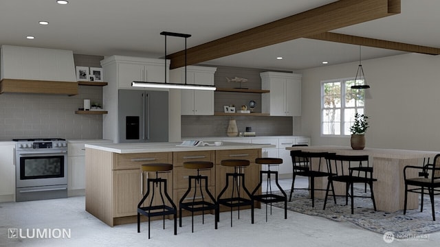 417 N Columbia St, Chelan, WA 98816 - kitchen featuring open shelves, stainless steel appliances, custom range hood, backsplash, and beamed ceiling