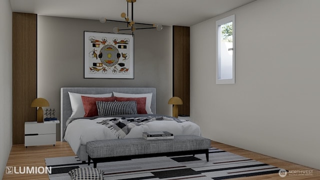 417 N Columbia St, Chelan, WA 98816 - bedroom with wood finished floors and a chandelier