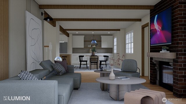 417 N Columbia St, Chelan, WA 98816 - living room featuring light wood-type flooring, beamed ceiling, and a fireplace