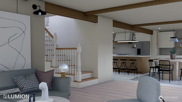 417 N Columbia St, Chelan, WA 98816 - living area featuring light wood finished floors, stairs, and beamed ceiling