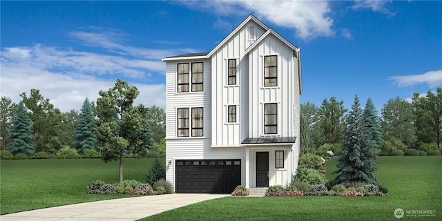 modern farmhouse with an attached garage, board and batten siding, concrete driveway, and a front lawn