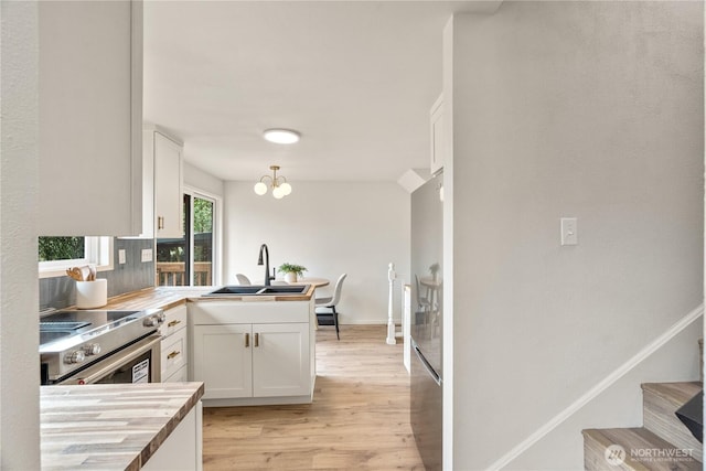 1309 W 5th St, Aberdeen, WA 98520 - kitchen with a sink, white cabinetry, high end stove, a peninsula, and light wood-style flooring
