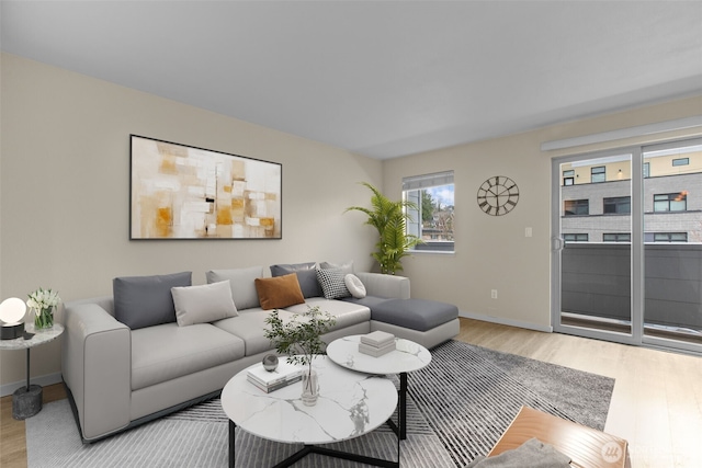 living room with baseboards and wood finished floors