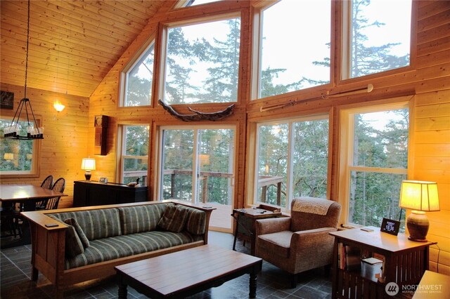 863 Chinook Way, Anacortes, WA 98221 - living room featuring a wealth of natural light, wooden walls, and wood ceiling