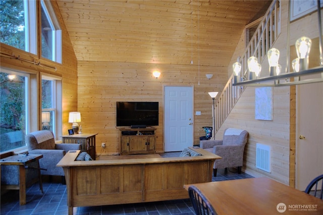 863 Chinook Way, Anacortes, WA 98221 - living room featuring visible vents, wood walls, stairs, wooden ceiling, and high vaulted ceiling