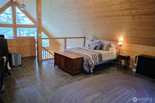 863 Chinook Way, Anacortes, WA 98221 - bedroom featuring high vaulted ceiling and wood walls