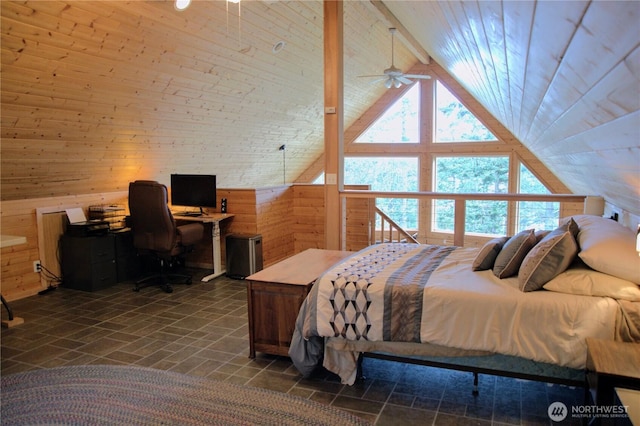 863 Chinook Way, Anacortes, WA 98221 - bedroom featuring wood ceiling, wood walls, and vaulted ceiling with beams