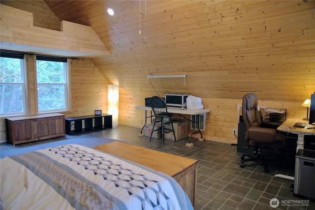 863 Chinook Way, Anacortes, WA 98221 - bedroom featuring recessed lighting, lofted ceiling, wooden walls, and wood ceiling