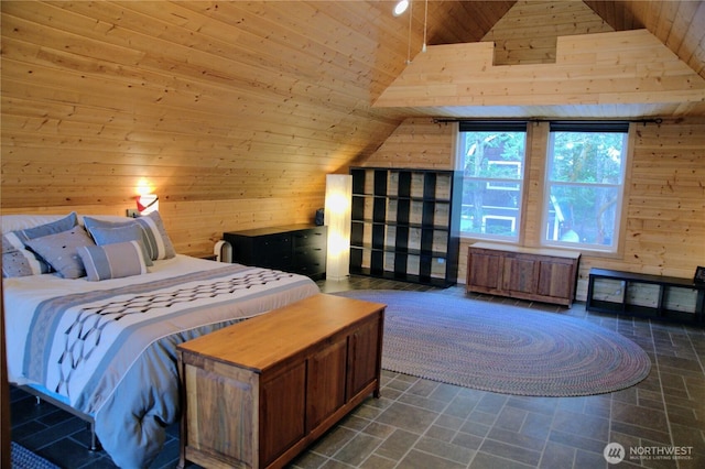 863 Chinook Way, Anacortes, WA 98221 - bedroom with wooden walls, wood ceiling, and vaulted ceiling