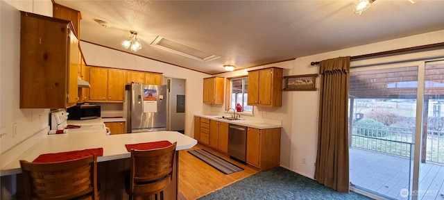 136 Mule Dr, Glenoma, WA 98336 - kitchen featuring a peninsula, a sink, light countertops, vaulted ceiling, and appliances with stainless steel finishes