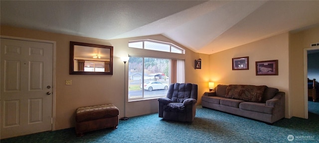 136 Mule Dr, Glenoma, WA 98336 - carpeted living room featuring visible vents and lofted ceiling