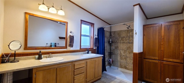 136 Mule Dr, Glenoma, WA 98336 - bathroom with a sink, tiled shower, and ornamental molding