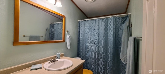136 Mule Dr, Glenoma, WA 98336 - full bathroom with toilet, a shower with shower curtain, ornamental molding, a textured wall, and vanity