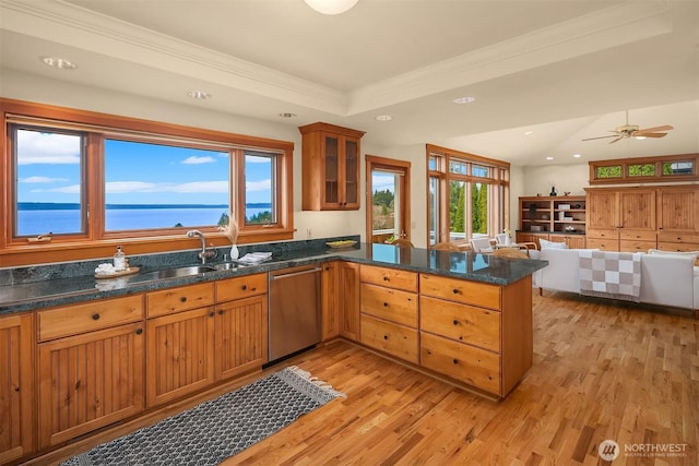 kitchen with a tray ceiling, a peninsula, light wood-type flooring, dishwasher, and a sink