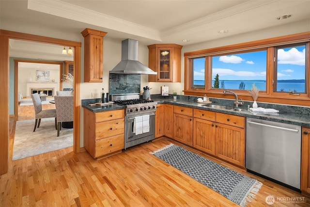 kitchen with a sink, light wood finished floors, wall chimney exhaust hood, and stainless steel appliances