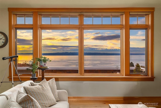 interior space featuring a water view
