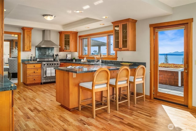 kitchen with wall chimney exhaust hood, stainless steel stove, light wood-style floors, a peninsula, and brown cabinetry