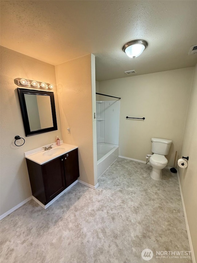 bathroom featuring vanity, toilet, a textured ceiling, shower / bathing tub combination, and visible vents