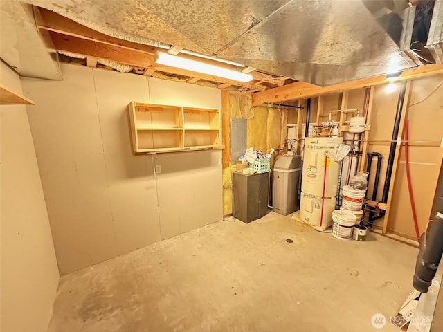 unfinished below grade area with strapped water heater and electric panel
