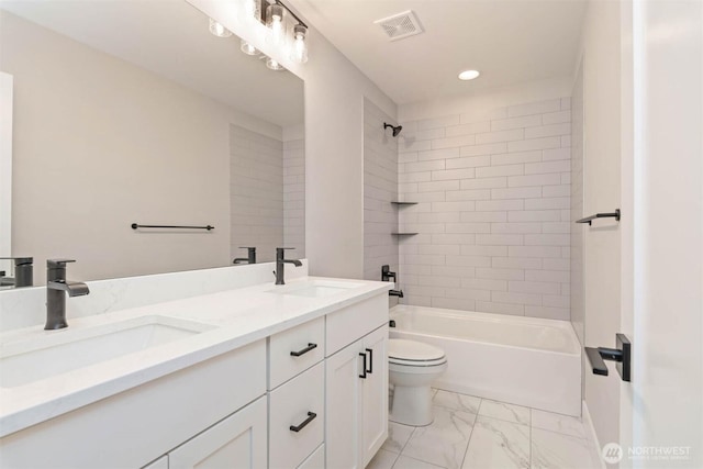 bathroom with a sink, marble finish floor, toilet, and visible vents