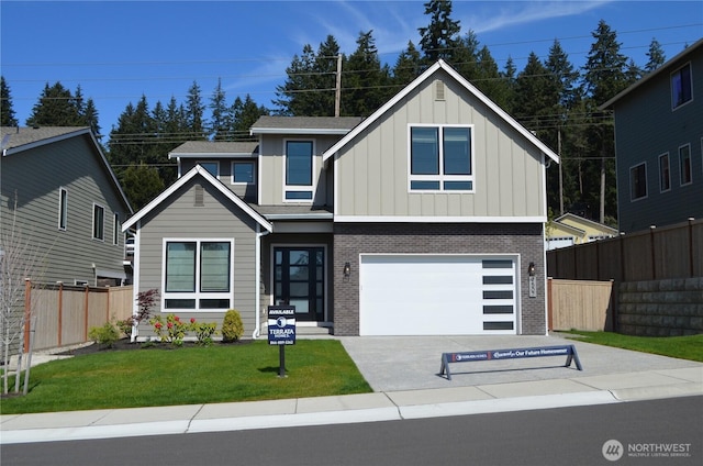 view of front of house featuring fence, an attached garage, brick siding, board and batten siding, and driveway