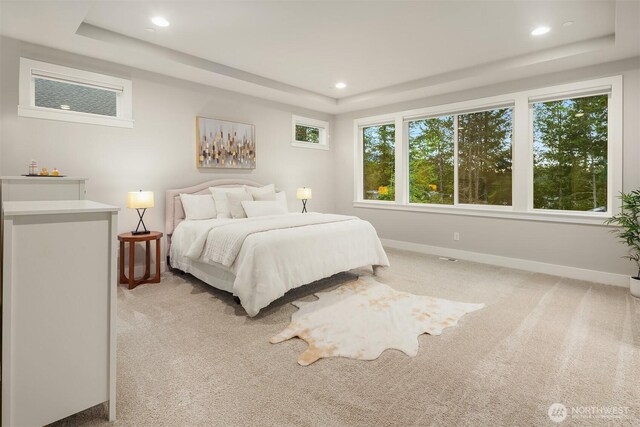 1497 Elk Run Pl SE, North Bend, WA 98045 - bedroom featuring a tray ceiling, baseboards, light colored carpet, and recessed lighting