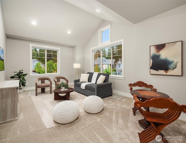 1497 Elk Run Pl SE, North Bend, WA 98045 - living room with light carpet, high vaulted ceiling, baseboards, and recessed lighting