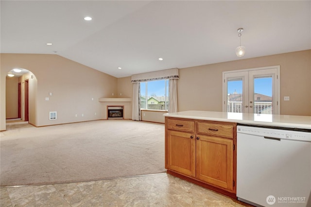 1529 Thompson Dr, Camano Island, WA 98282 - kitchen with light colored carpet, light countertops, lofted ceiling, french doors, and white dishwasher