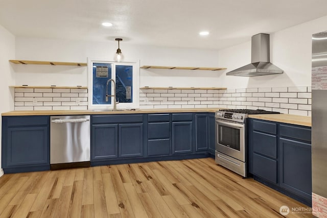 13574 S Green St, Anacortes, WA 98221 - kitchen with appliances with stainless steel finishes, wooden counters, open shelves, and wall chimney exhaust hood