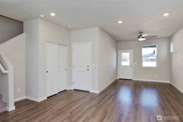 foyer featuring recessed lighting, baseboards, wood finished floors, and ceiling fan