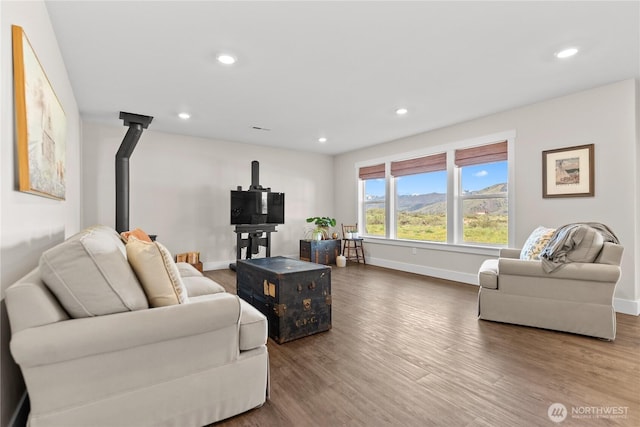 living area featuring recessed lighting, baseboards, wood finished floors, and a wood stove