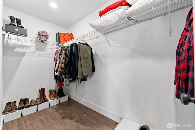walk in closet with wood finished floors