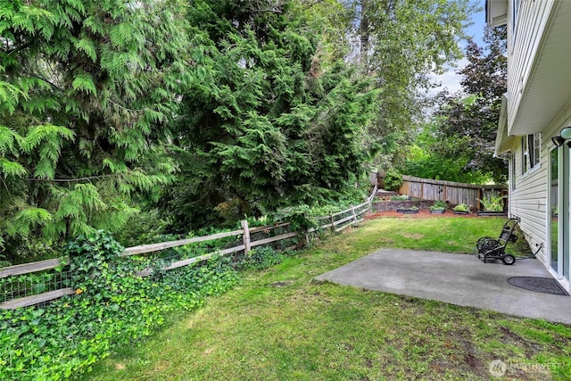 view of yard with a fenced backyard and a patio