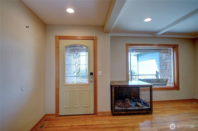 foyer entrance featuring wood finished floors, a wealth of natural light, and baseboards