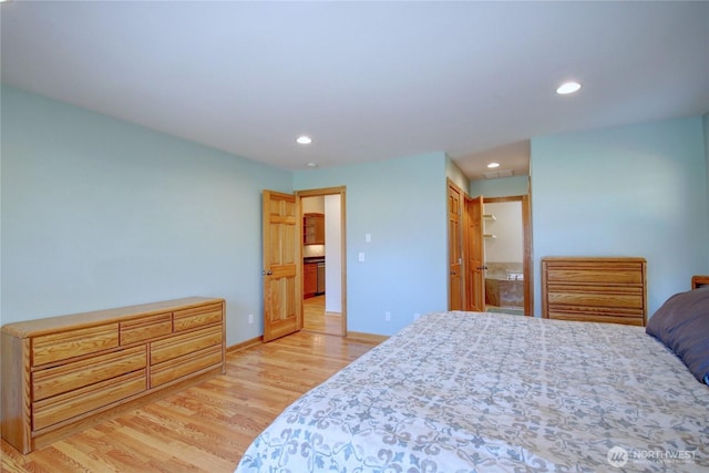 bedroom featuring baseboards, recessed lighting, and light wood-type flooring