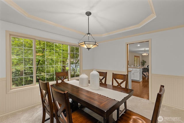 4381 239th Pl SE, Sammamish, WA 98029 - dining space featuring wainscoting, healthy amount of natural light, a tray ceiling, and crown molding