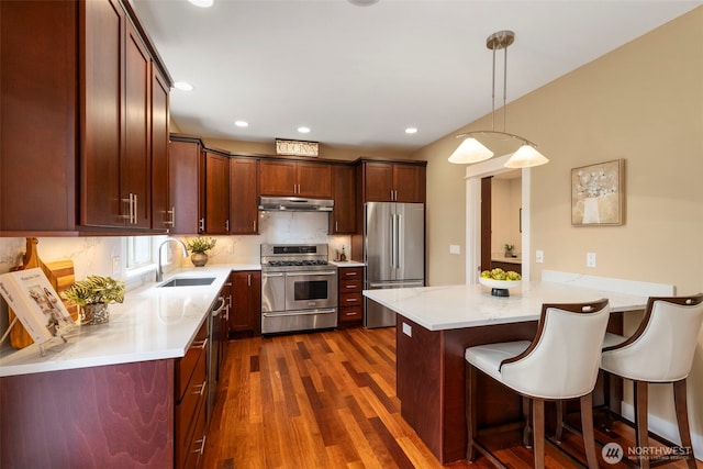 kitchen with a breakfast bar area, stainless steel appliances, under cabinet range hood, backsplash, and a sink