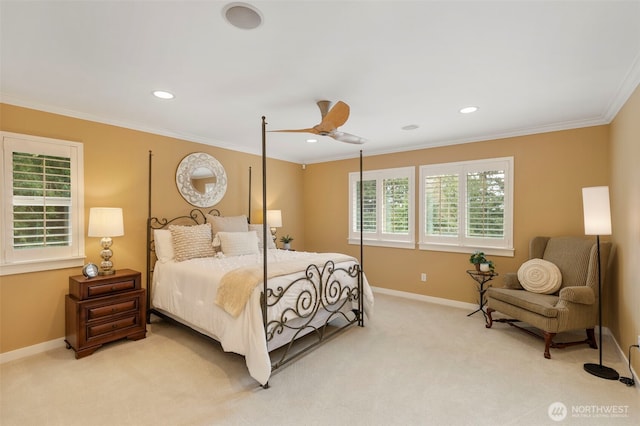 bedroom with baseboards, ornamental molding, ceiling fan, recessed lighting, and light carpet