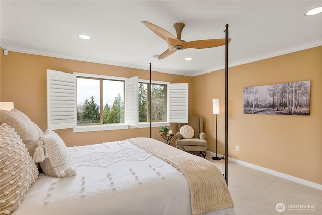 bedroom with baseboards, carpet floors, ornamental molding, and recessed lighting