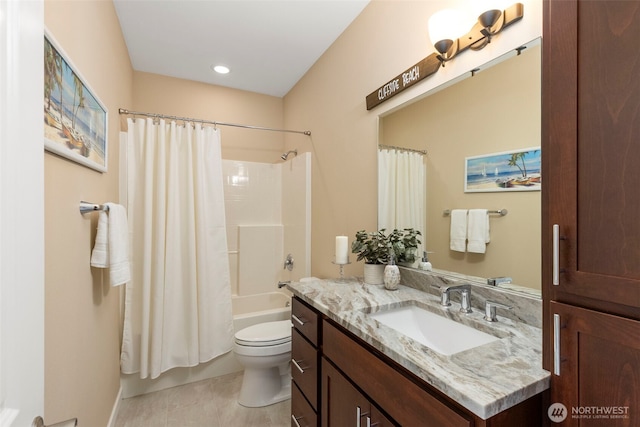 full bathroom featuring shower / tub combo, toilet, tile patterned flooring, and vanity
