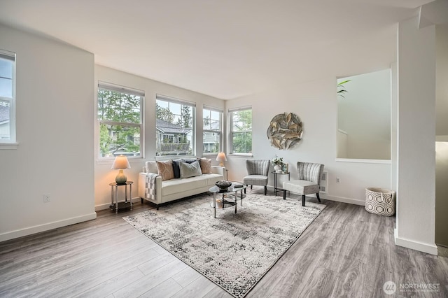 living area with baseboards and wood finished floors