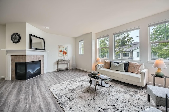 living area with baseboards, wood finished floors, and a tile fireplace